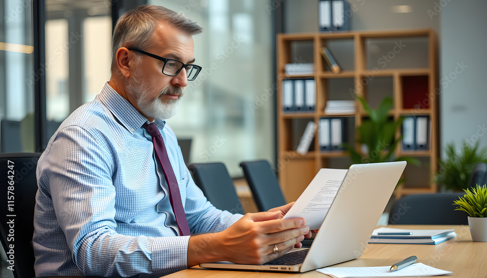 Busy middle aged professional business man using laptop computer reading document at work. Senior mature manager executive or lawyer working on laptop checking paper finance report in office. Vertic Busy middle aged professional business man using laptop computer reading document at work. Senior mature manager executive or lawyer working on laptop checking paper finance report in office. Vertic