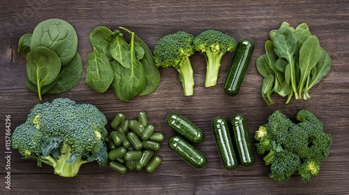 vitamin A sources, vitamin A capsules with spinach, kale, and broccoli on a wooden table, highlighting their rich natural sources of the vitamin