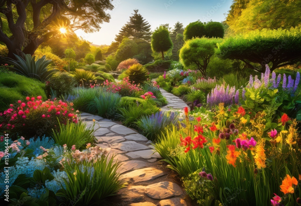 Fototapeta premium vibrant lush plant arrangements enhancing serene outdoor spaces colorful greenery floral displays, flowers, garden, decor, design, nature, aesthetics