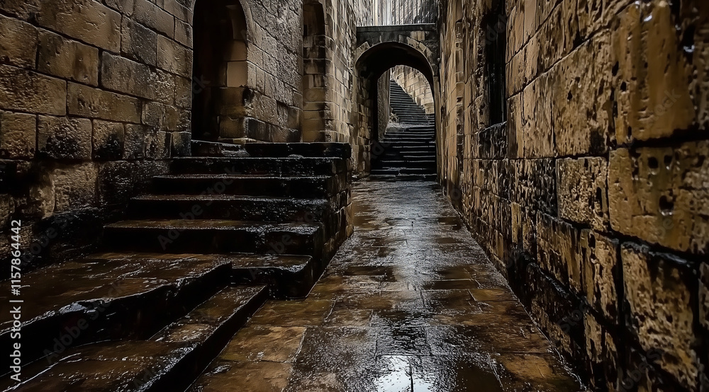 Fototapeta premium Stone steps and a narrow alleyway lead to an archway..