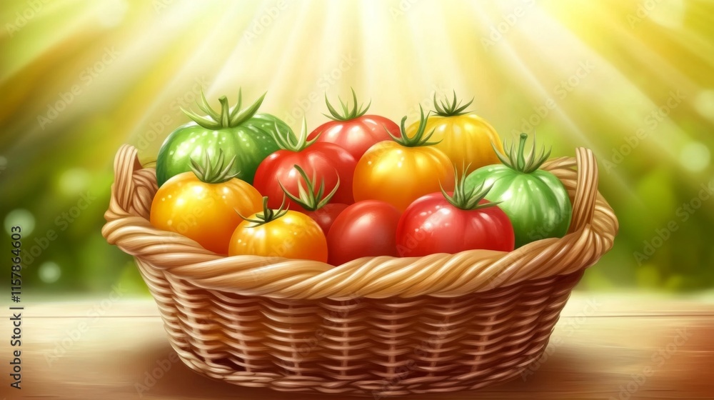 Bright Basket of Fresh Tomatoes on Table Bright Basket of Fresh Tomatoes on Table