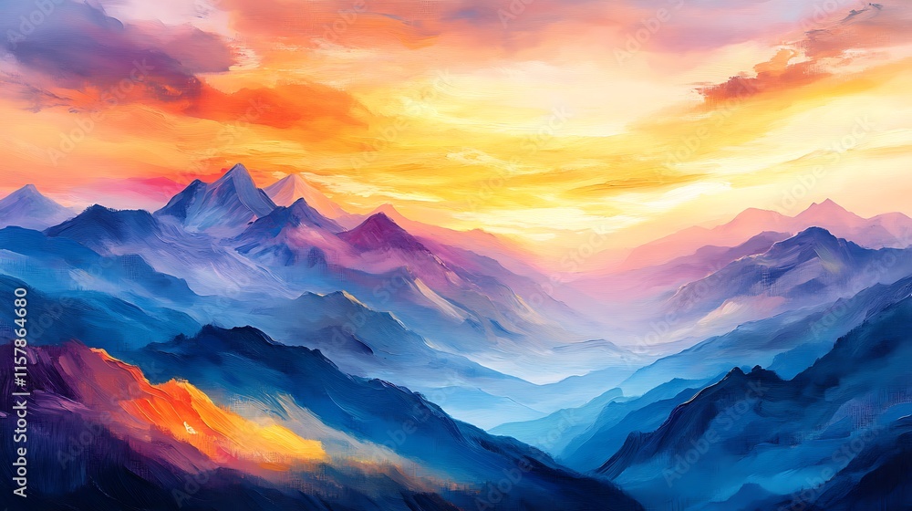 Obraz premium Vibrant Digital Painting: Majestic Mountains Gleaming at Sunset. AI Generated