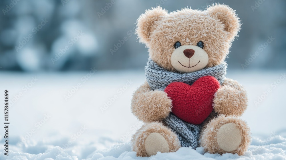 Cute teddy bear with scarf and heart plush toy sitting in snow. The 14th of February. Happy Valentine's Day Cute teddy bear with scarf and heart plush toy sitting in snow. The 14th of February. Happy Valentine's Day