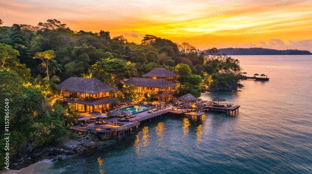 Fototapeta premium Tropical Beach Resort with Thatched Villas at Sunset