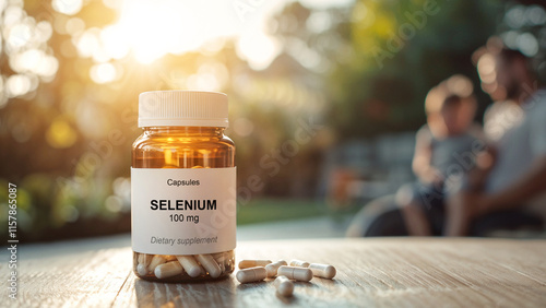 Amber bottle of selenium dietary supplement capsules with 100 mg dosage on wooden table, health and wellness product in natural outdoor setting, blurred family background and sunlight, antioxidant photo