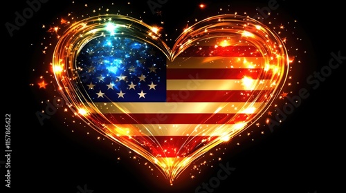 Glowing heart with american flag designs in a dark background Happy 4th of July, Independence Day USA
