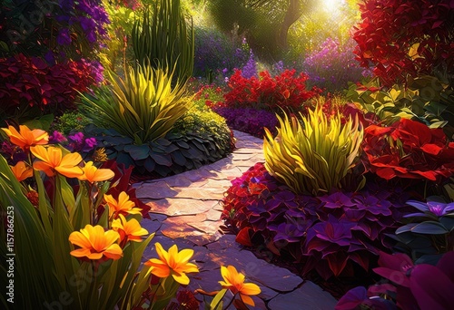 captivating garden scene featuring vibrant plant details amidst lush greenery colorful flora, flowers, blooms, petals, foliage, plants, herbs, shrubs photo