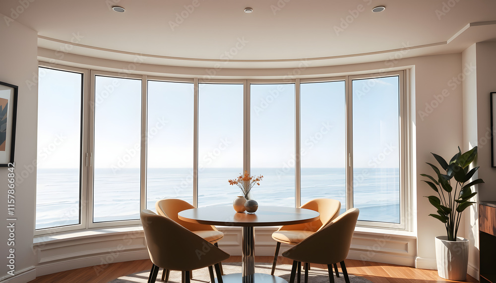 Fototapeta premium Stylish dining interior with table and chairs, panoramic window. Mockup frames, pop-art. isolated with white highlights