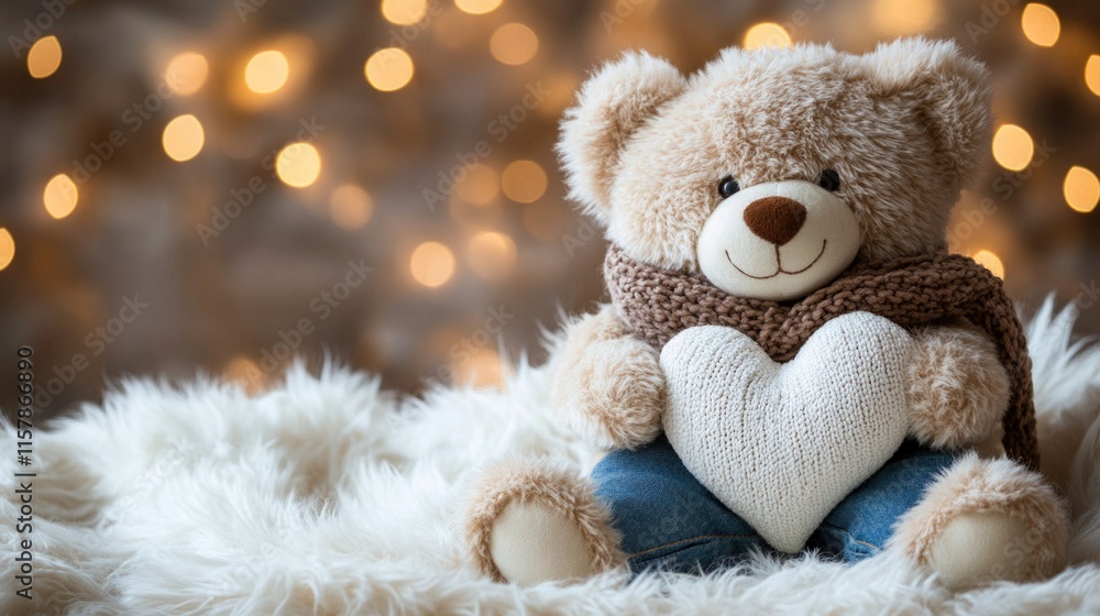 Fototapeta premium Cozy teddy bear in scarf holding heart on fluffy blanket with warm lights. The 14th of February. Happy Valentine's Day