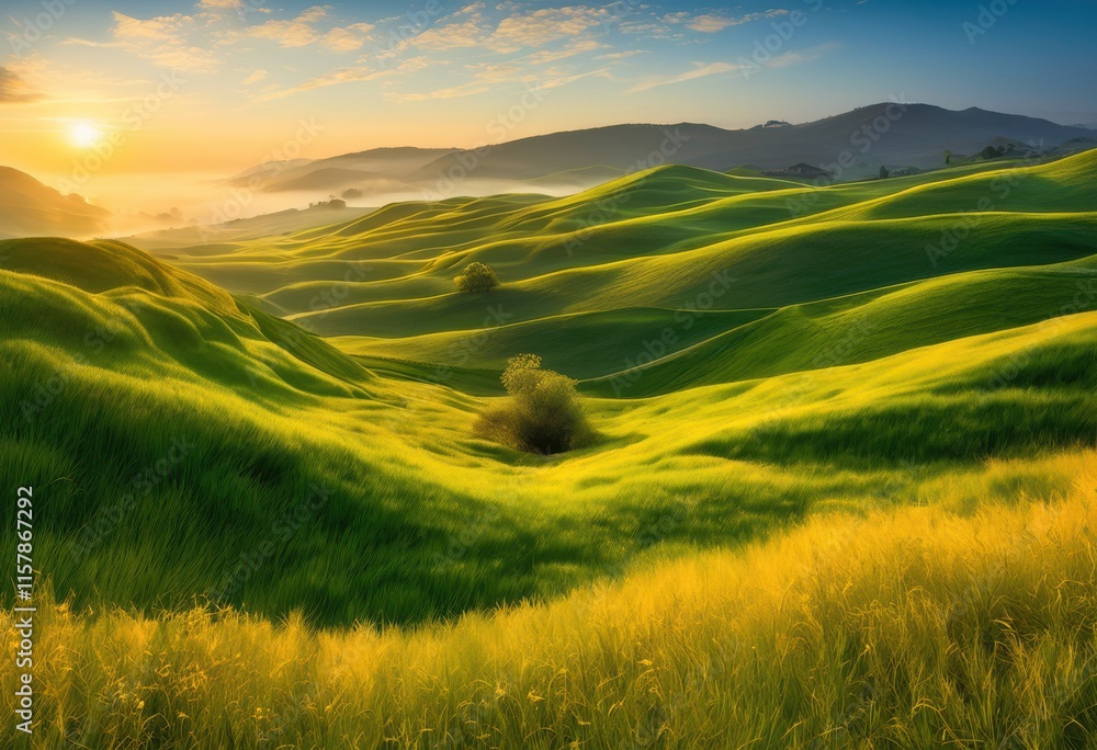 Obraz premium breathtaking vibrant sunrise illuminating lush green rolling hills golden ray reflections clear blue sky, landscape, light, nature, morning, clouds