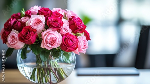 Fototapeta Naklejka Na Ścianę i Meble -  Vibrant pink and red roses in a glass vase The 14th of February. Happy Valentine's Day