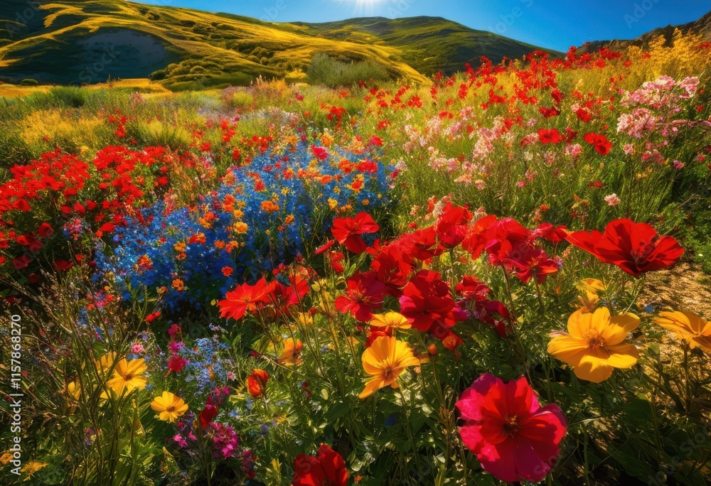 vibrant landscape showcasing lush seasonal blooms numerous colors rich textures beneath bright blue sky, flowers, petals, flora, garden, nature, greenery vibrant landscape showcasing lush seasonal blooms numerous colors rich textures beneath bright blue sky, flowers, petals, flora, garden, nature, greenery