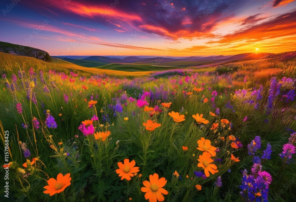 Obraz premium vibrant colorful fields sunset highlighting beauty nature lush greens warm orange skies, dusk, twilight, evening, horizon, colors, landscape, scenery