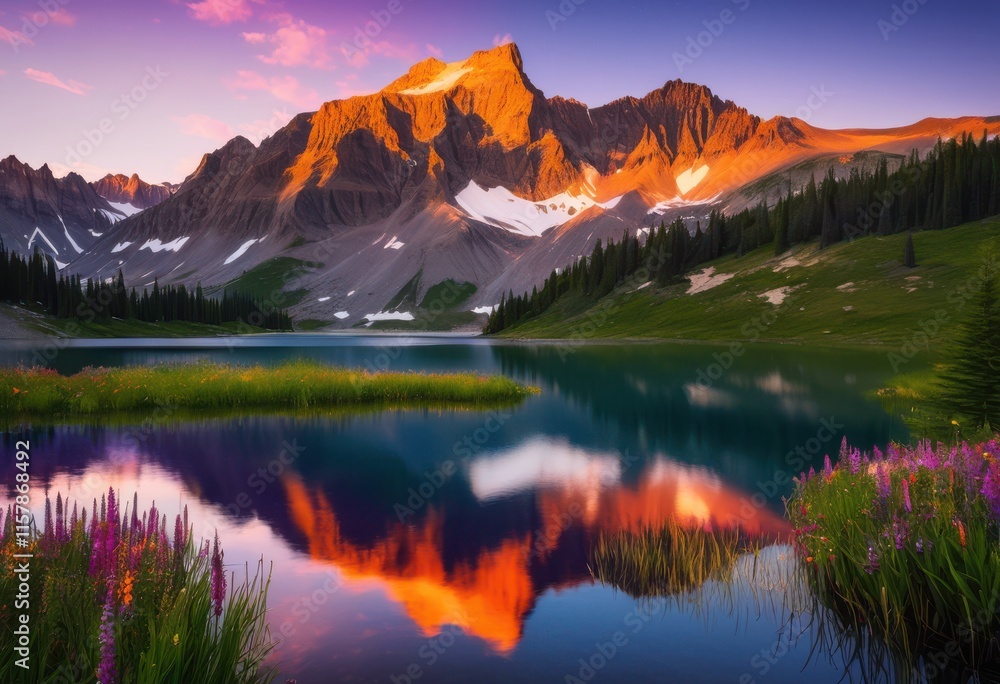 Fototapeta premium breathtaking vibrant sunsets reflecting over serene tranquil mountain lake surrounded majestic peaks lush nature, reflection, landscape, water, sky, clouds