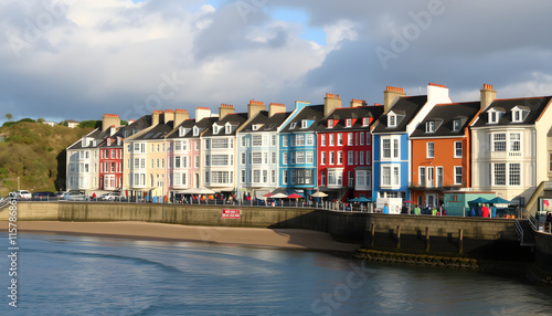 Colorful buildings along the seafront of the Welsh coastal town of Tenby, dinamic scene. isolated with white highlights