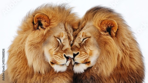Two majestic lions cuddling in harmony with golden manes. The 14th of February. Happy Valentine's Day