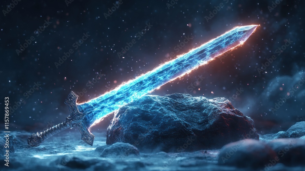 Fototapeta premium A glowing, mystical sword rests on a rock in a cosmic environment.