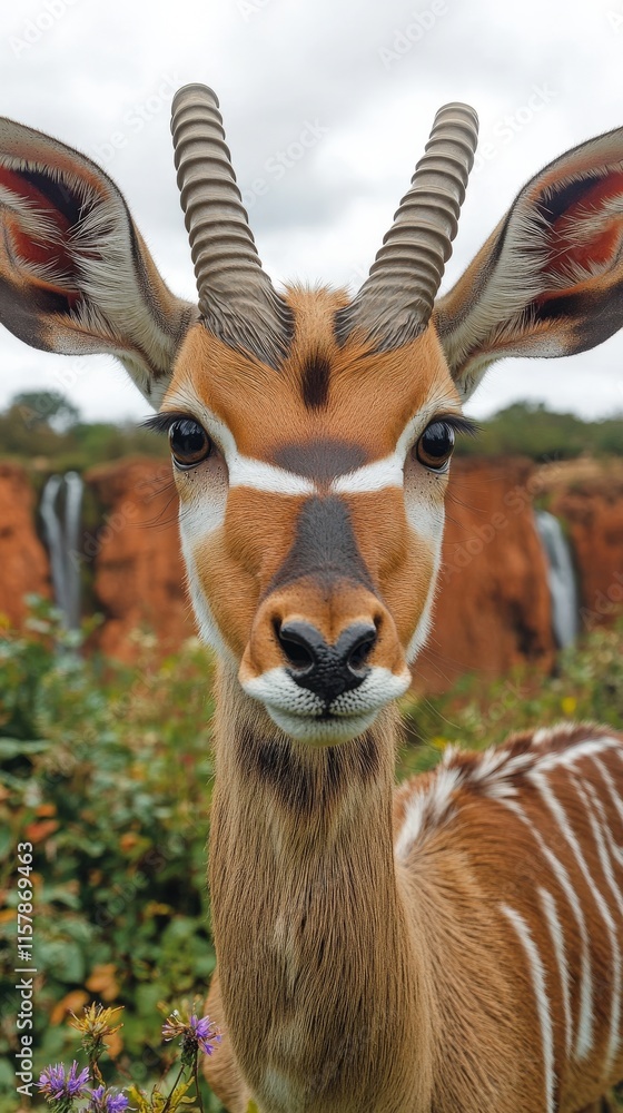 Fototapeta premium Majestic Antelope Wildlife Safari Close-Up in Lush African Landscape with Waterfalls and Vibrant Vegetation, Featuring Unique Spiral Horns and Calm Expression