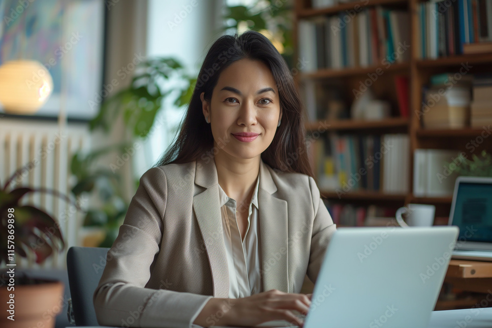 A woman is sitting at a desk with a laptop in front of her A woman is sitting at a desk with a laptop in front of her