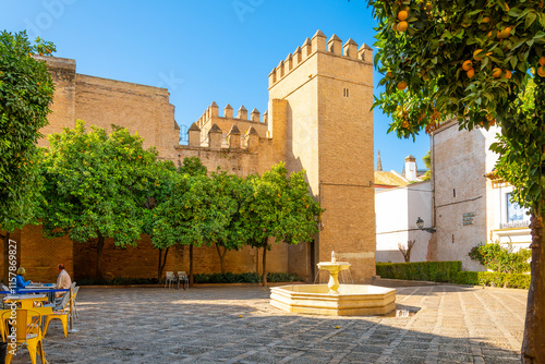 The Plaza de la Alianza at the Royal Alcazar, Taifa Gate and Blue Tile of Christ of Mercy, in the Barrio Santa Cruz district of the Andalusian city of Seville, Spain.