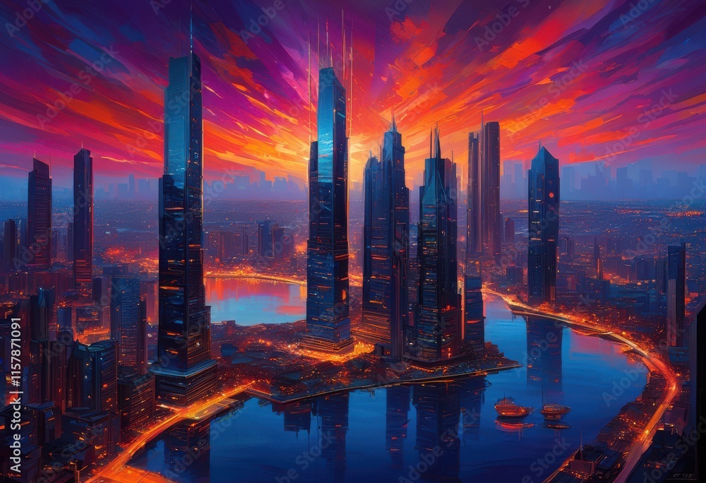 Fototapeta premium vibrant twilight city skyline featuring colorful reflections windows water capturing essence urban life vivid detail, atmosphere, bay, beauty, bright