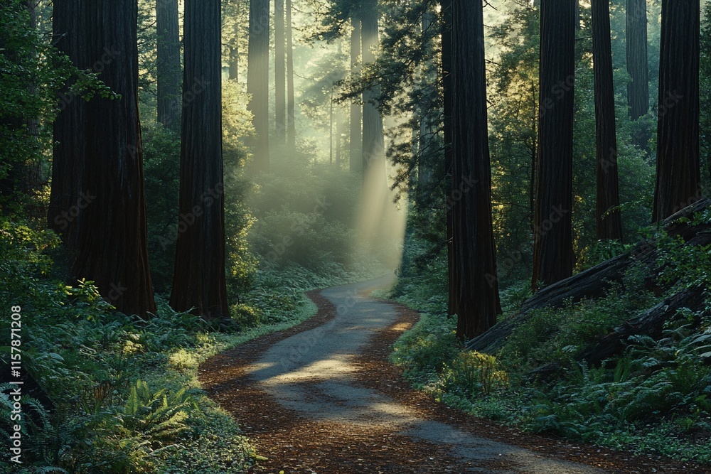 Obraz premium Sunbeams illuminate a winding road through a mystical redwood forest.