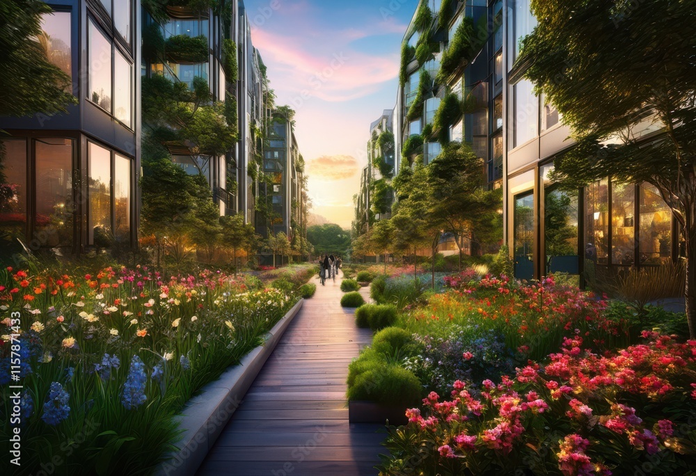 Fototapeta premium boldly designed vibrant urban green spaces featuring lush inviting eye catching architectural elements, architecture, art, biodiversity, cityscape