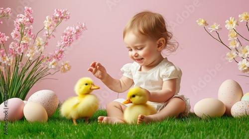 Joyful toddler enjoys playful moment with ducks in a springtime setting surrounded by flowers and eggs