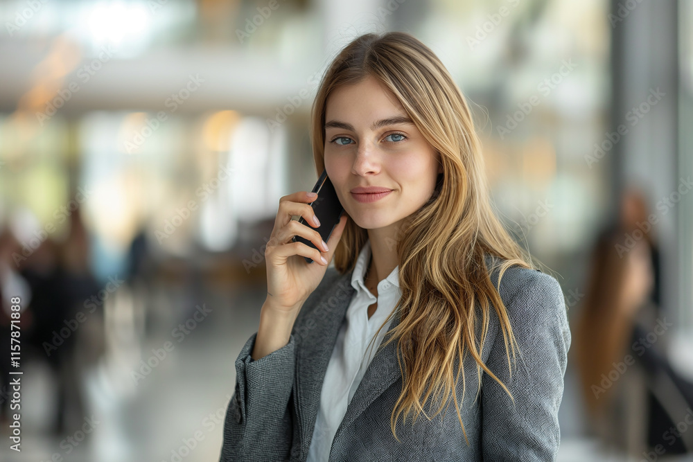 A woman is talking on her cell phone in a busy area A woman is talking on her cell phone in a busy area