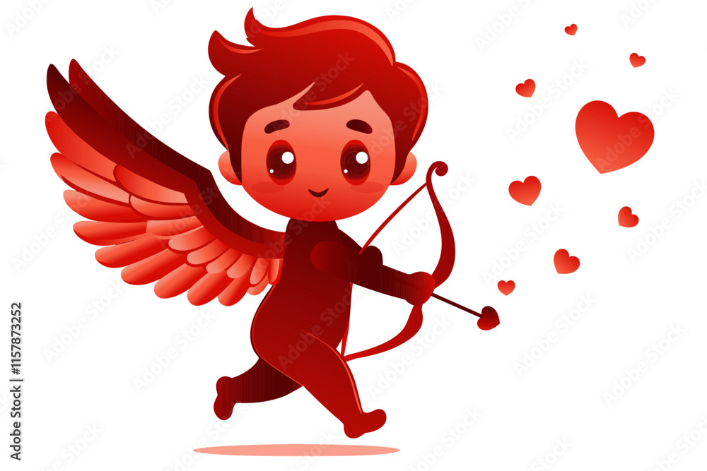 Fototapeta premium Cute red Cupid character with wings and a bow, shooting heart-shaped arrows. Ideal for Valentine's Day themes, love, and romance concepts.