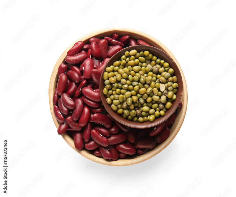 Bowls with raw legumes on white background