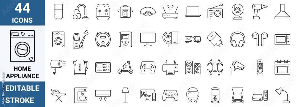 Home Appliance web Line icons. Editable Icons set. Vector illustration. devices, kitchen, office equipment, personal care accessories, and more Home Appliance web Line icons. Editable Icons set. Vector illustration. devices, kitchen, office equipment, personal care accessories, and more