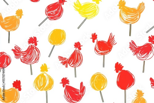 Vibrant doodle of rooster shaped lollipops with colorful designs and blank space for text or branding. Generative AI photo