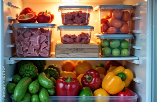 Organized fruits, vegetables neatly stored in modern refrigerator. Fresh produce arranged in containers. Colorful peppers, tomatoes visible in transparent containers. Vegetables like cucumbers, corn photo