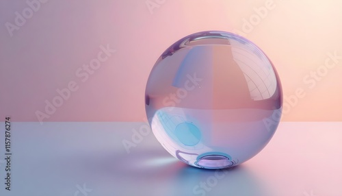 A close-up of a translucent glass sphere reflecting a vibrant spectrum of light on a smooth, light-colored surface. The image showcases the interplay of light and glass