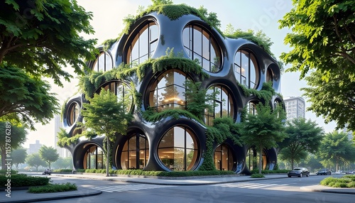 A modern, eco-friendly building covered in lush greenery. The exterior is adorned with climbing plants, creating a vibrant and sustainable aesthetic
