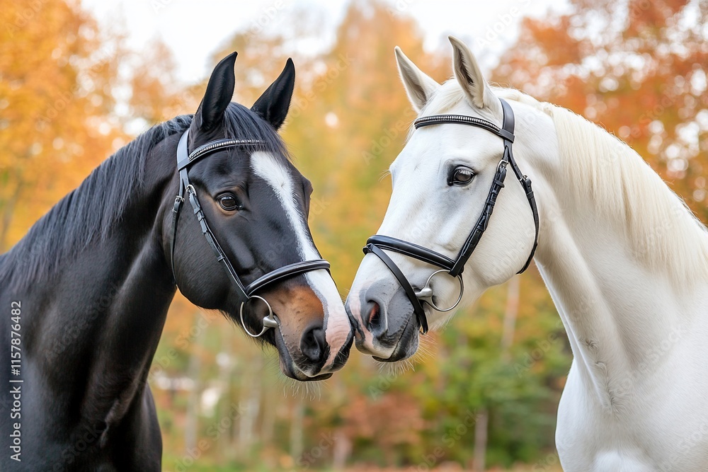 Obraz premium Two horses, one black and one white, nuzzle each other in autumn scenery.