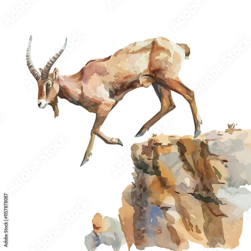 A watercolor painting of an ibex climbing steep cliffs, isolated on a white background. Ibex vector.
