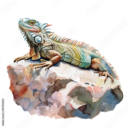 A watercolor of an iguana sunbathing on a rock, isolated on a white background. Iguana vector.
