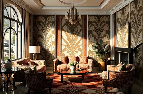 Elegant Art Deco Living Room with Warm Sunlight and Geometric Patterns