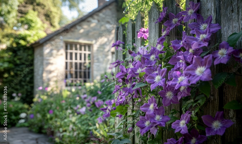 A fence of blossoming purple Alpine clematis adjacent to the summer house. A fence of blossoming purple Alpine clematis adjacent to the summer house.