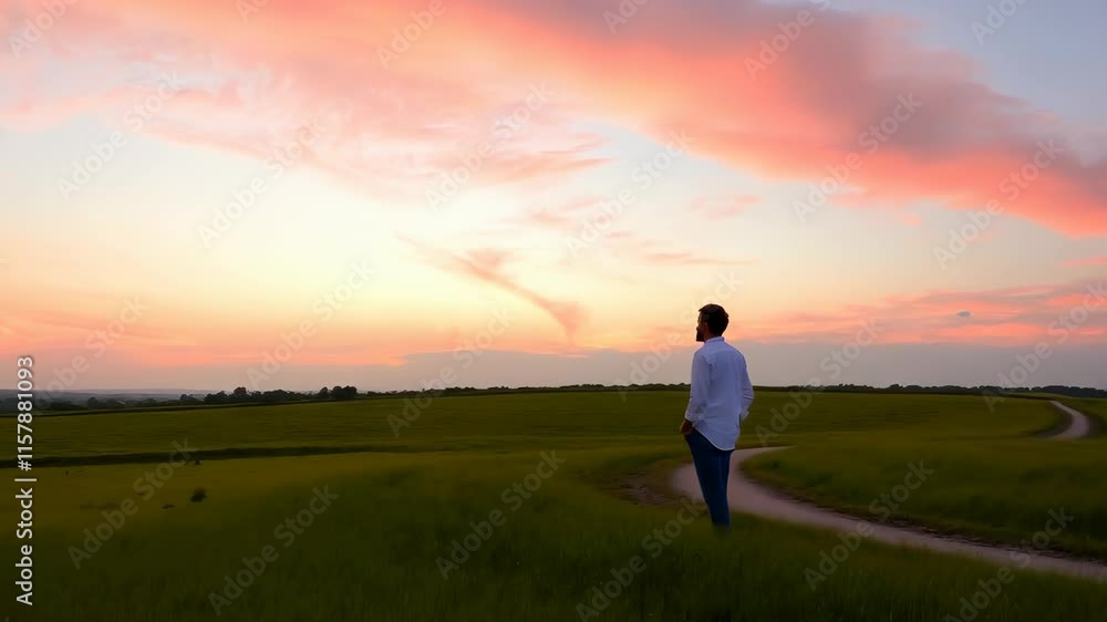 Man Walking on Path in Field at Sunset Man Walking on Path in Field at Sunset