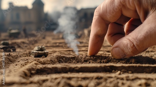 Giant finger manipulates toy tanks miniature battlefield urban environment close-up perspective war concept photo