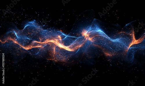 A dynamic array of luminous blue and orange particles form soft, undulating waves in a dark space. Perfect for tech-oriented designs, futuristic interfaces, or abstract visuals. photo