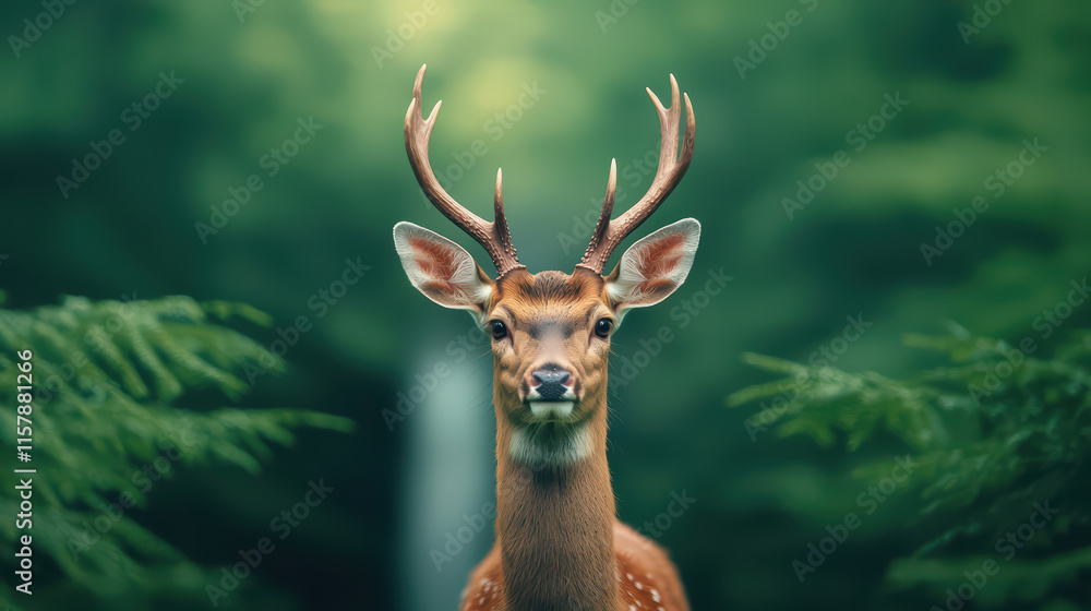 Fototapeta premium close up of deer standing in lush green forest, showcasing its majestic antlers and serene expression