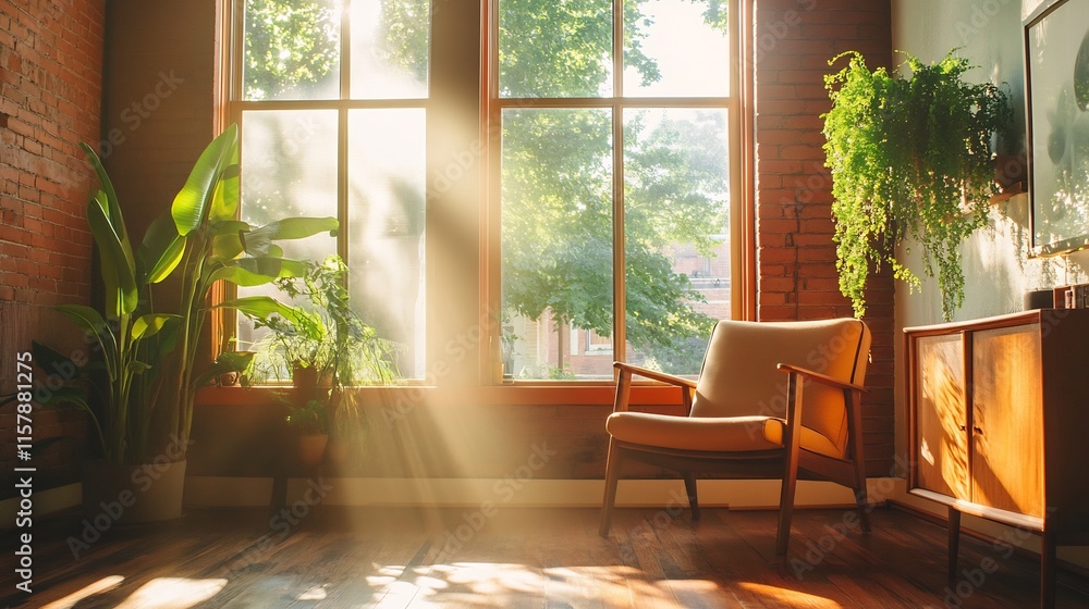 Bright Sunlight Streaming Through Large Window in Cozy Room Photo. AI Generated Bright Sunlight Streaming Through Large Window in Cozy Room Photo. AI Generated