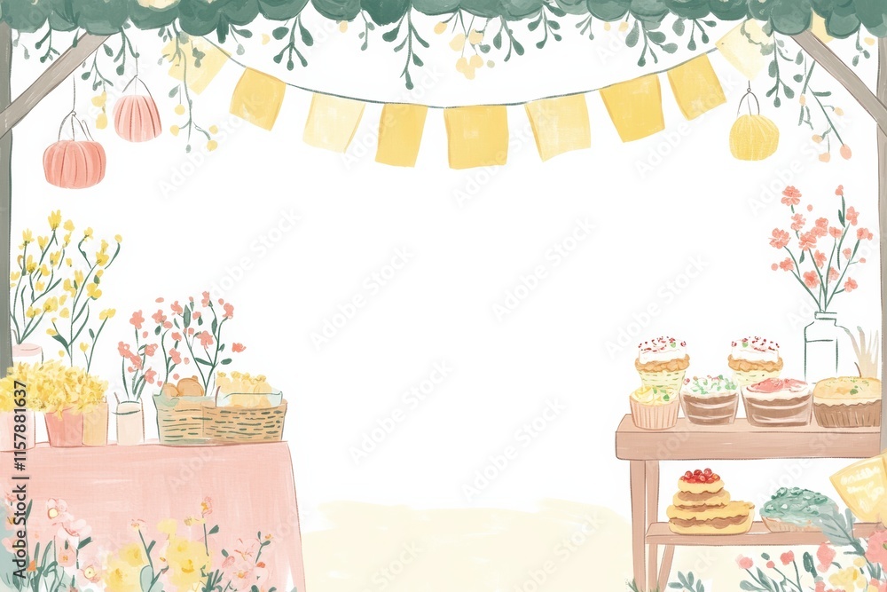 Spring market stalls with bright flowers and desserts for a cheerful outdoor gathering in a sunny atmosphere. Generative AI Spring market stalls with bright flowers and desserts for a cheerful outdoor gathering in a sunny atmosphere. Generative AI
