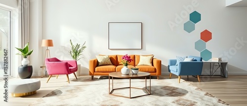 Vibrant Modern Living Room with Hexagonal Patterns