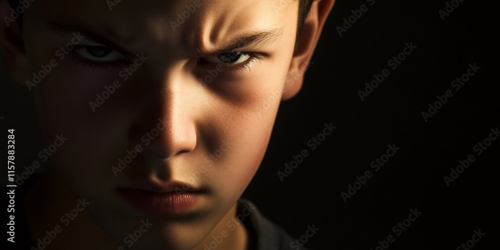 Teenage girl scowling with intense anger, expressing emotional distress against dark minimalist backdrop, radiating inner turmoil Teenage girl scowling with intense anger, expressing emotional distress against dark minimalist backdrop, radiating inner turmoil