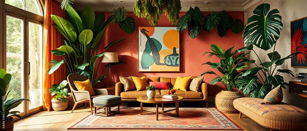 Obraz premium Cozy Living Room with Red Wall and Tropical Plants